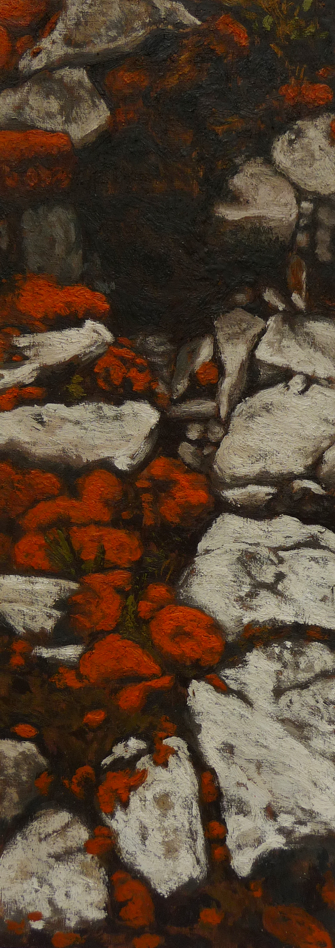 <p><strong>Orange moss 2            SOLD</strong><br />Encaustic on wood, 35 x 12,5 cm</p>